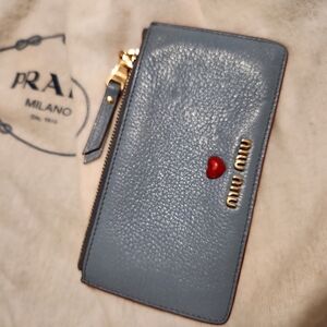 Miu Miu Blue Leather Zip Card Wallet with Red Heart